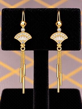 22kgp Dubai Jewelry Gold Fan Dangle Earrings with Chain Tassels - Women Jewelry